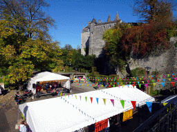 North side of the Place aux Foures square with decorations for the Diwali festival and the Durbuy Castle, viewed from the Rue du Comte Théodule d`Ursel street