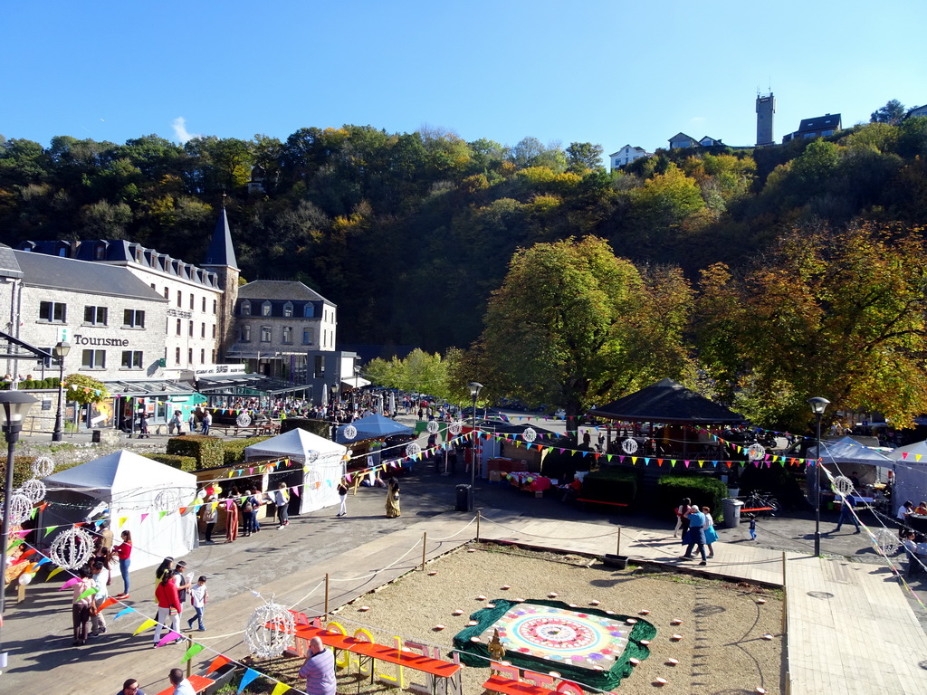 South side of the Place aux Foures square with decorations for the Diwali festival and the Belvedère tower, viewed from the Rue du Comte Théodule d`Ursel street