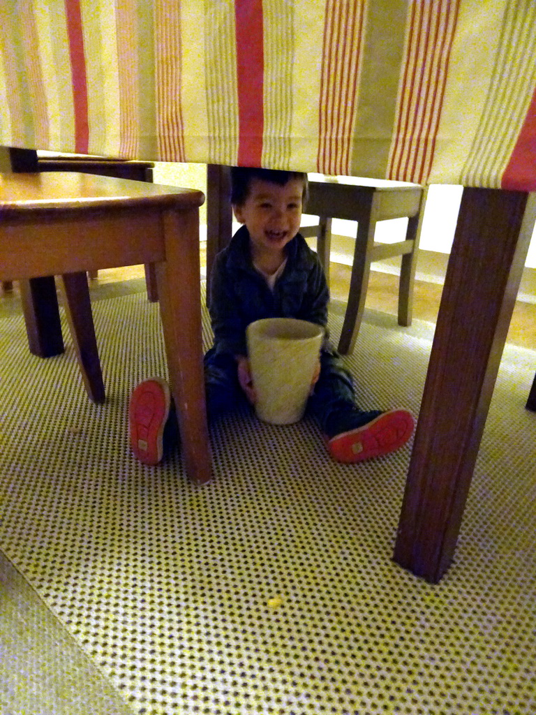 Max with a vase in the kitchen at the first floor of our apartment La Tête en l`Air