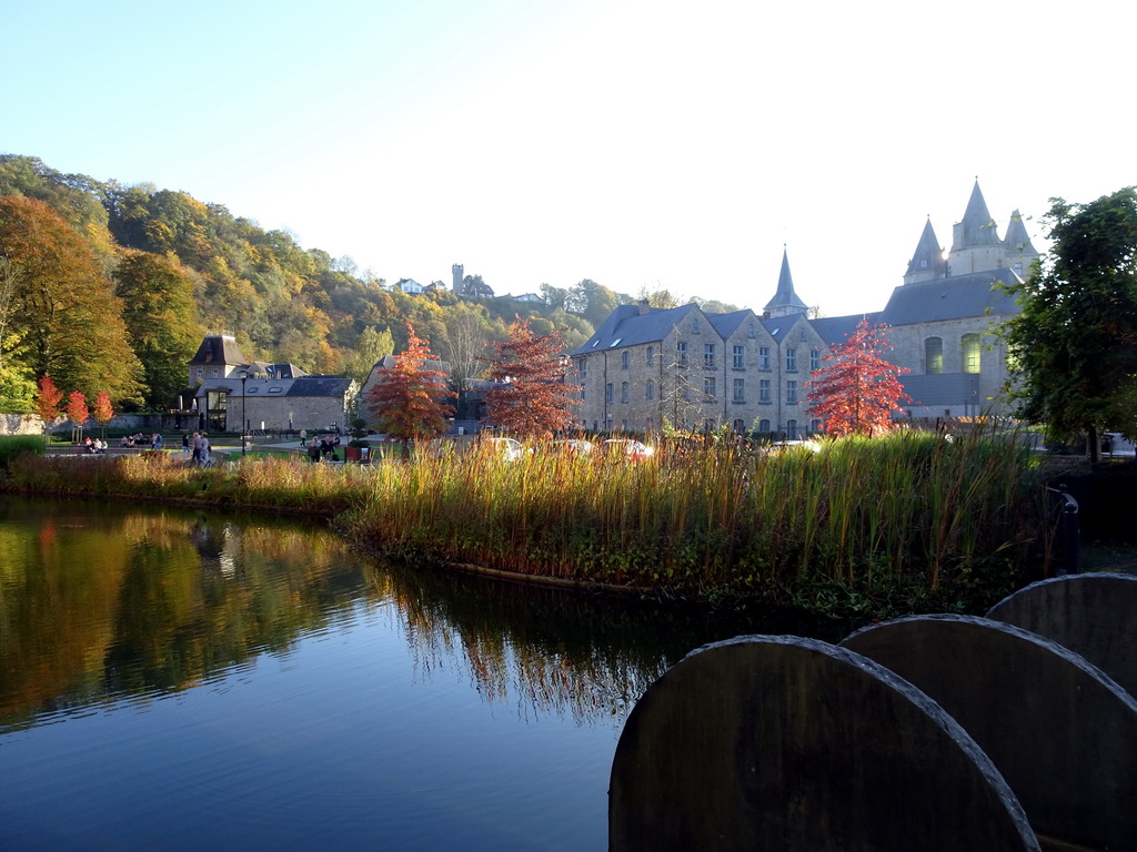 Branch of the Ourthe river, the Belvedère tower and the towers of the Église Saint-Nicolas church and the Durbuy Castle, viewed from the Derrière Clairval street