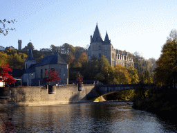 The Ourthe river, the Belvedère tower, the Église Saint-Nicolas church and the Durbuy Castle, viewed from a path next to the Chemin Touristique road