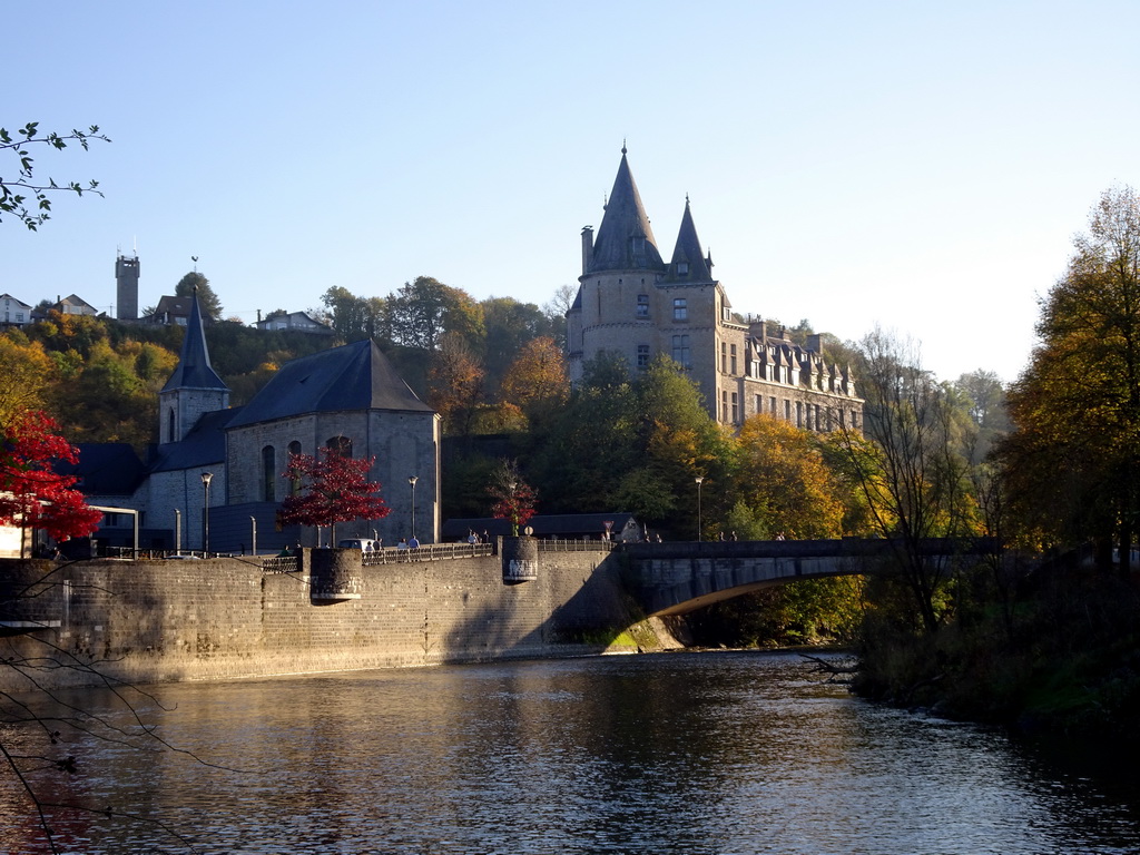 The Ourthe river, the Belvedère tower, the Église Saint-Nicolas church and the Durbuy Castle, viewed from a path next to the Chemin Touristique road