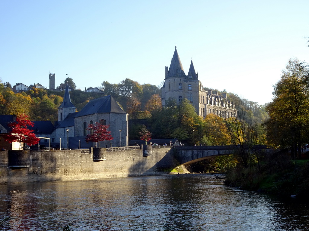 The Ourthe river, the Belvedère tower, the Église Saint-Nicolas church and the Durbuy Castle, viewed from a path next to the Chemin Touristique road