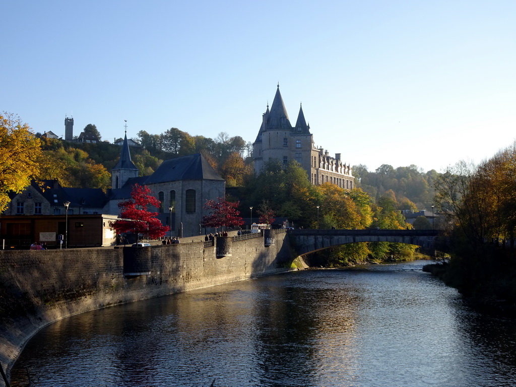 The Ourthe river, the Belvedère tower, the Église Saint-Nicolas church and the Durbuy Castle, viewed from a path next to the Chemin Touristique road