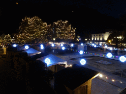 South side of the Place aux Foures square with decorations for the Diwali festival, viewed from the Rue du Comte Théodule d`Ursel street, by night