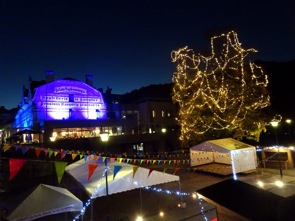 North side of the Place aux Foures square with decorations for the Diwali festival, viewed from the Rue du Comte Théodule d`Ursel street, by night