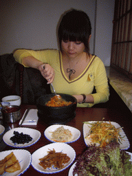 Miaomiao having dinner in a Korean restaurant