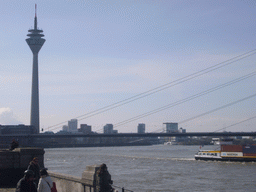 The Rheinturm Düsseldorf and the Rheinkniebrücke bridge over the Rhine river