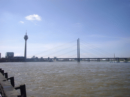 The Rheinturm Düsseldorf and the Rheinkniebrücke bridge over the Rhine river