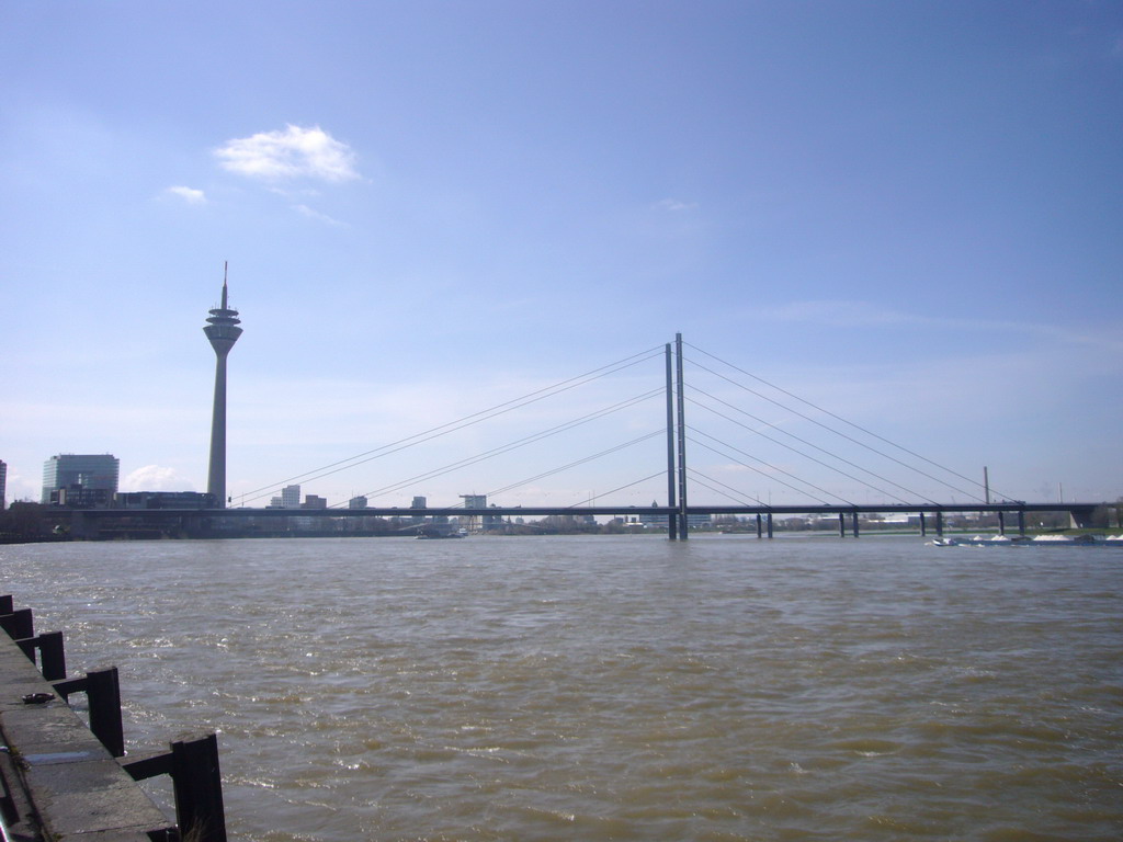 The Rheinturm Düsseldorf and the Rheinkniebrücke bridge over the Rhine river