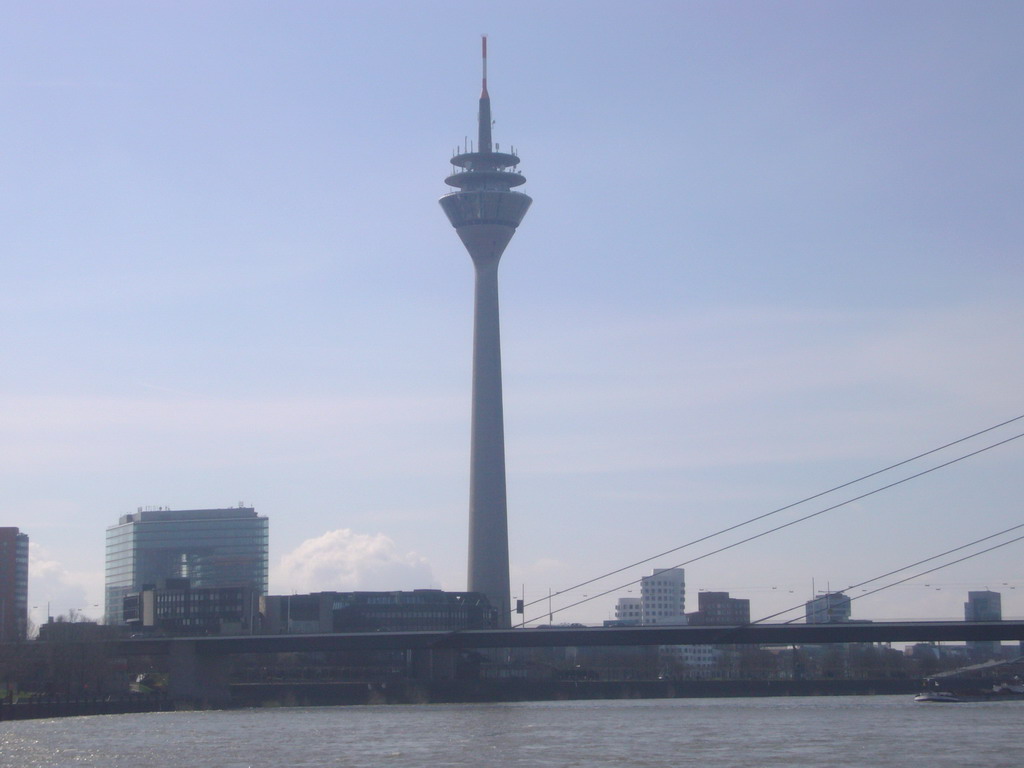 The Rheinturm Düsseldorf and the Rheinkniebrücke bridge over the Rhine river