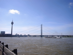 The Rheinturm Düsseldorf and the Rheinkniebrücke bridge over the Rhine river