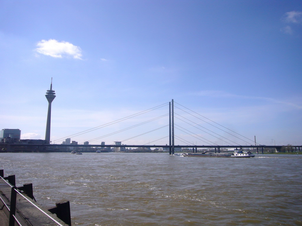 The Rheinturm Düsseldorf and the Rheinkniebrücke bridge over the Rhine river