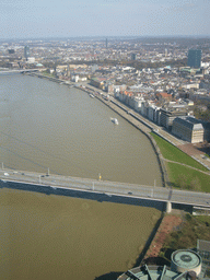 View on the Rheinkniebrücke bridge, the Rhine river and the Altstadt, from the Günnewig Rheinturm Restaurant Top 180