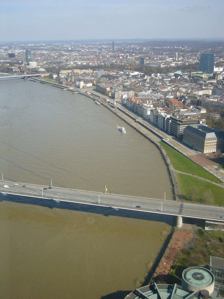 View on the Rheinkniebrücke bridge, the Rhine river and the Altstadt, from the Günnewig Rheinturm Restaurant Top 180