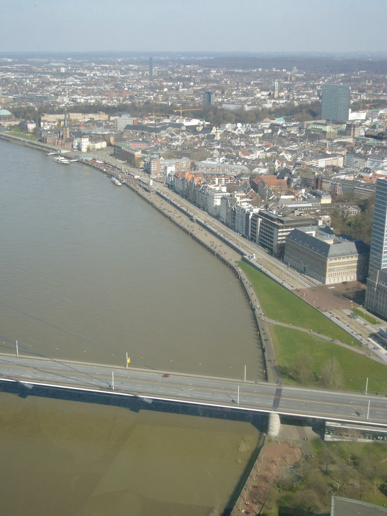 View on the Rheinkniebrücke bridge, the Rhine river and the Altstadt, from the Günnewig Rheinturm Restaurant Top 180