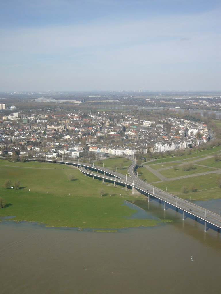 View on the Rheinkniebrücke bridge, the Rhine river and the other side of the river