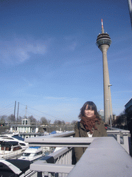 Miaomiao with the harbour of Düsseldorf and the Rheinturm Düsseldorf