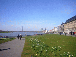 The Rhine shore, with a view on the Oberkasseler Brücke bridge, the Old Castle Tower and the Lambertuskirche church