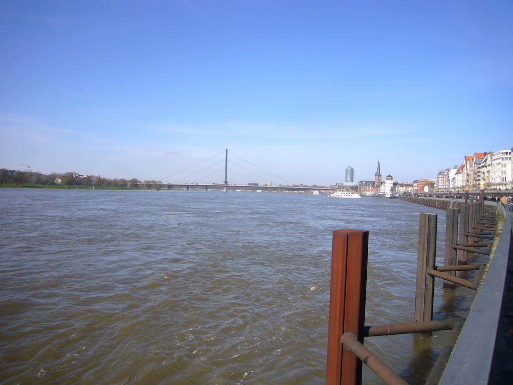 The Rhine, the Oberkasseler Brücke bridge, the Old Castle Tower and the Lambertuskirche church