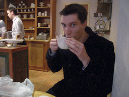 Tim having hot chocolate in the chocolate shop `Gut & Gerne`