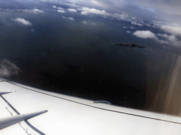 The harbour of Leith and the island of Inchkeith in the Firth of Forth fjord, viewed from the airplane from Amsterdam