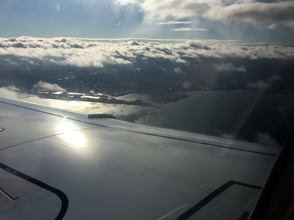 The harbour of Leith and the Firth of Forth fjord, viewed from the airplane from Amsterdam