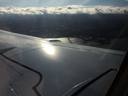 The harbour of Leith and the city center, viewed from the airplane from Amsterdam