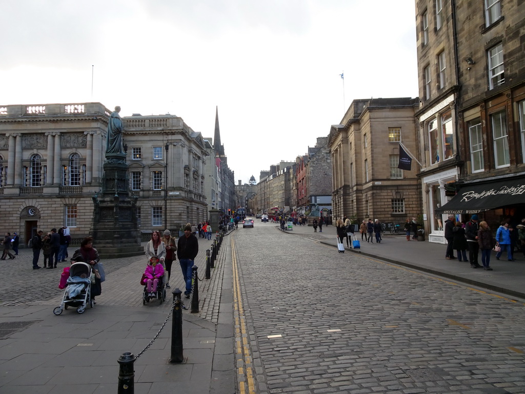 The Royal Mile, West Parliament Square with the statue of Walter Francis Montagu Douglas Scott, the Lothian Chambers, the High Court and the Hub