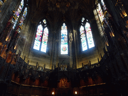 Stained glass windows at the upper part of the east apse of the Thistle Chapel at St. Giles` Cathedral