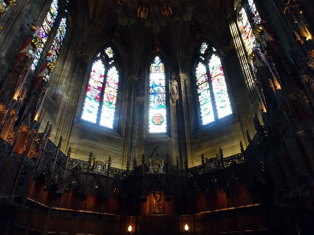 Stained glass windows at the upper part of the east apse of the Thistle Chapel at St. Giles` Cathedral