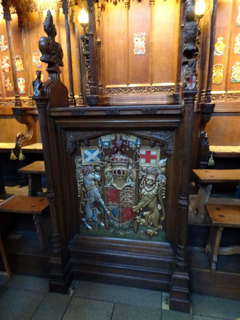 The Sovereign`s Stall at the west apse of the Thistle Chapel at St. Giles` Cathedral