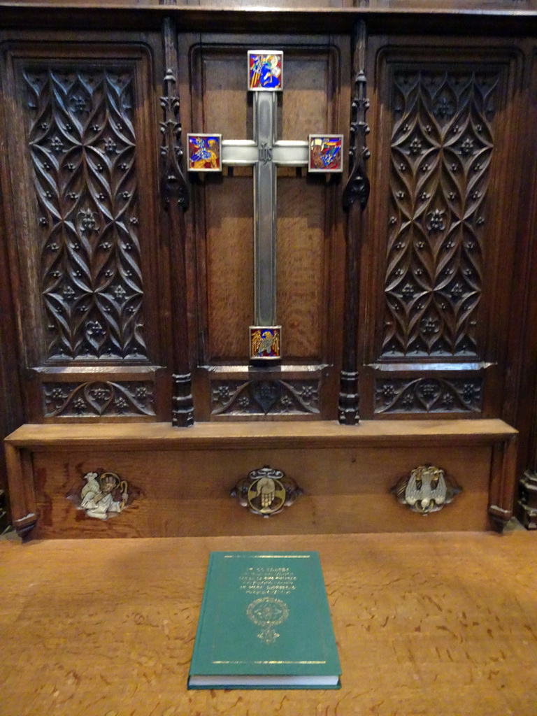 Cross and book at the altar at the east apse of the Thistle Chapel at St. Giles` Cathedral