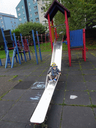 Max on the slide at the playground at Dumbiedykes Road