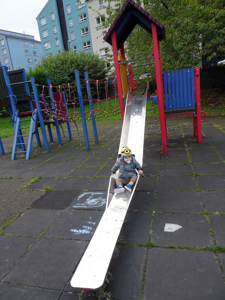 Max on the slide at the playground at Dumbiedykes Road