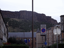 Buildings at Rankeillor Street and Holyrood Park with the Salisbury Crags, at sunset