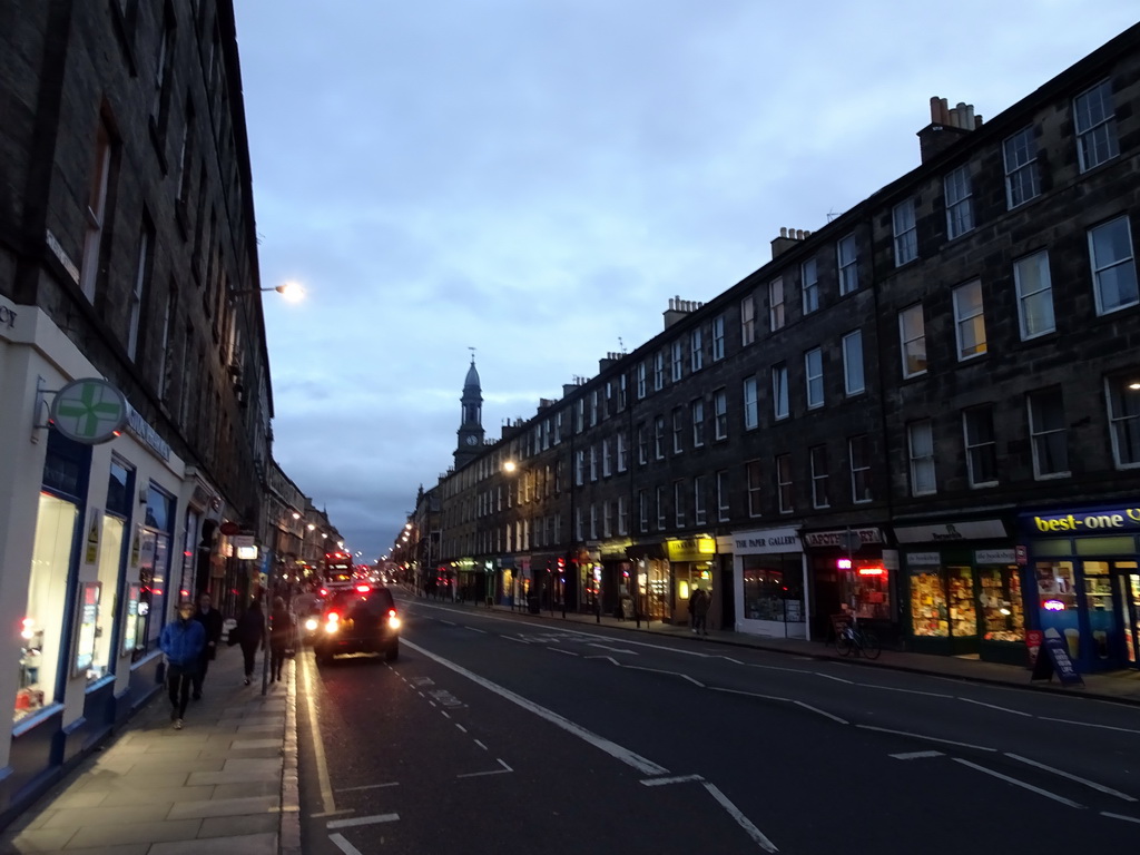 Clerk Street with the Queen`s Hall, at sunset