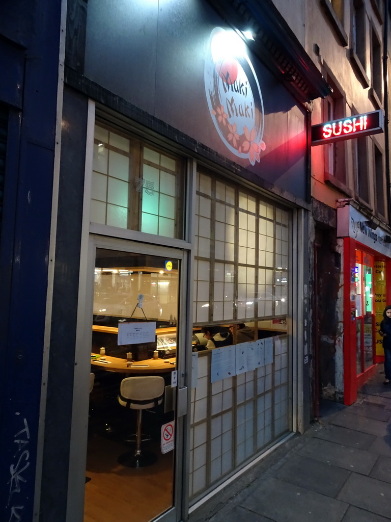 Front of the Maki Maki sushi restaurant at Nicolson Street, at sunset