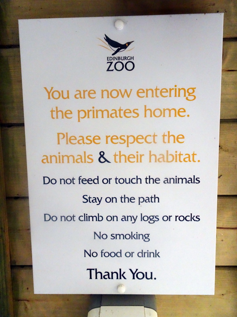 Sign at the entrance to the Monkey Walkthrough at the Edinburgh Zoo