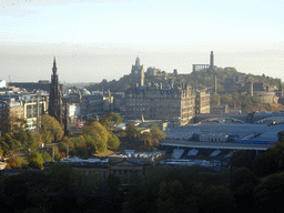 The National Gallery of Scotland, the Scott Monument, the Balmoral Hotel, the Edinburgh Waverley railway station and Calton Hill, viewed from the North Panorama at Edinburgh Castle