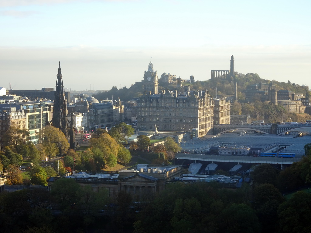 The National Gallery of Scotland, the Scott Monument, the Balmoral Hotel, the Edinburgh Waverley railway station and Calton Hill, viewed from the North Panorama at Edinburgh Castle