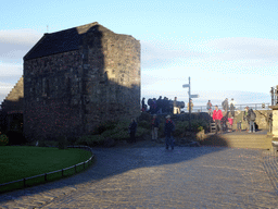 Southeast side of St. Margaret`s Chapel and the Mons Meg cannon at Edinburgh Castle