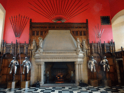 The north side, with the fireplace, pieces of armour, swords, spears and the Laird`s Lug, of the Great Hall at Edinburgh Castle