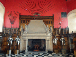 The north side, with the fireplace, pieces of armour, swords, spears and the Laird`s Lug, of the Great Hall at Edinburgh Castle