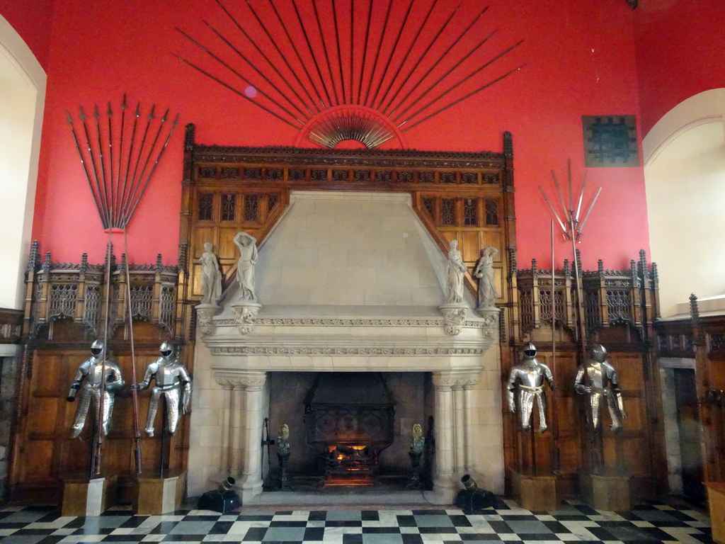 The north side, with the fireplace, pieces of armour, swords, spears and the Laird`s Lug, of the Great Hall at Edinburgh Castle