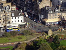 The Royal Scots Greys Monument at the Princes Street Gardens and Frederick Street at the New Town, viewed from the upper part of Edinburgh Castle