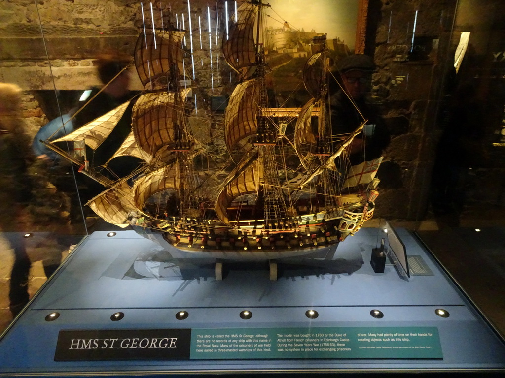 Scale model of the H.M.S. St. George ship at the Prisons of War Exhibition building at Edinburgh Castle