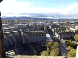 The southwest side of the city with the Usher Hall and the Barclay Viewforth Church of Scotland, viewed from a window at Dury`s Battery at Edinburgh Castle