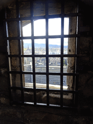 A window at Dury`s Battery at Edinburgh Castle, with a view on the southwest side of the city with the Barclay Viewforth Church of Scotland