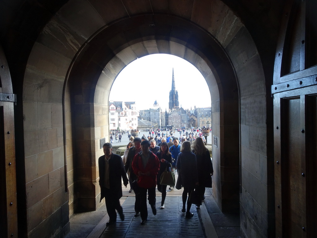 The Esplanade with the Ramsay Garden buildings, the Hub and the Camera Obscura building, viewed through the front entrance to Edinburgh Castle